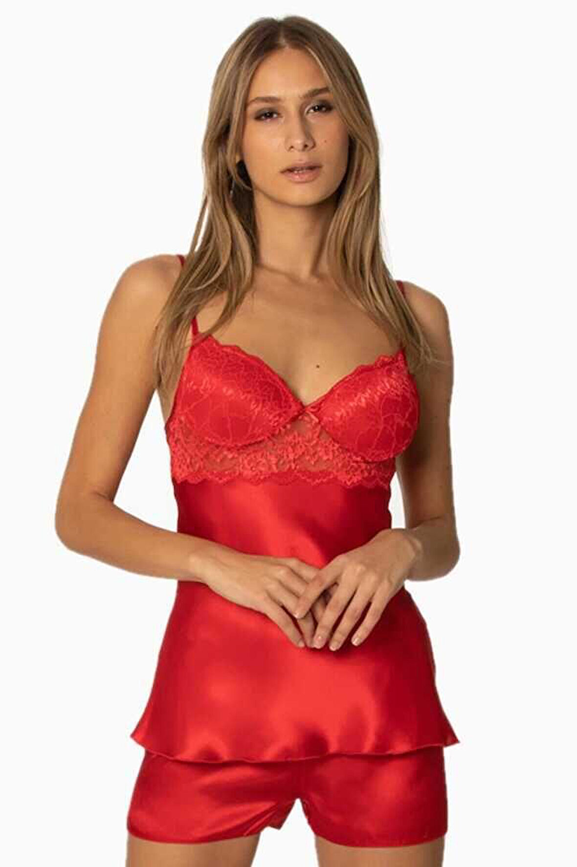 Pierre Cardin Kırmızı Saten Dantelli Şort Babydoll Takım 415