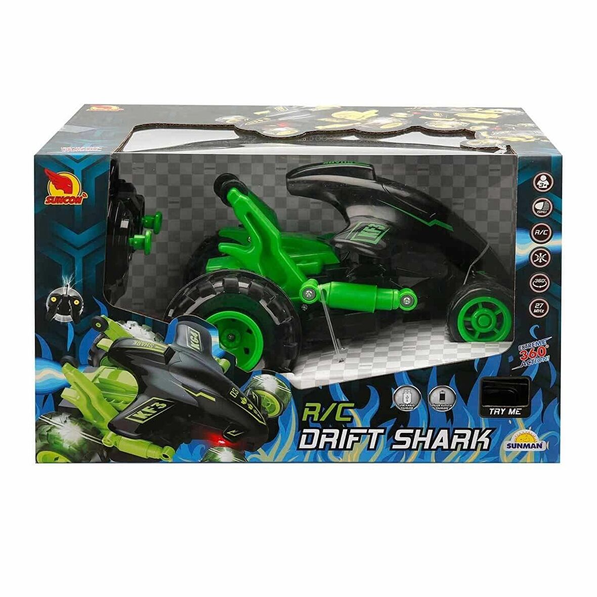 Drift Shark Işıklı 360 Derece Dönen USB Şarjlı Uzaktan Kumandalı Araba - Yeşil