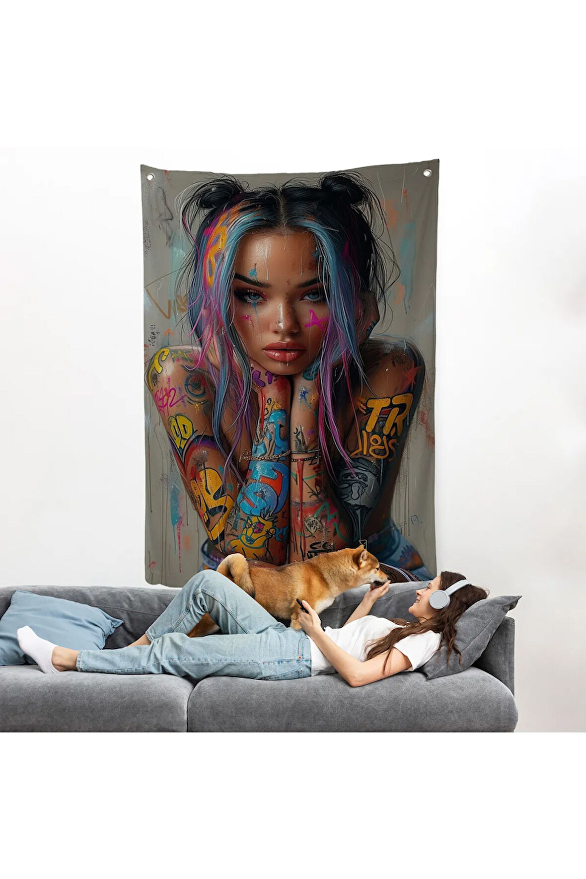 Sürreal Dövmeli Hippi Kadın Duvar Örtüsü-7733
