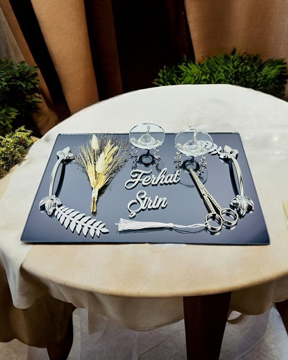 Elegance Gümüş Yapraklı Söz Nişan Tepsisi