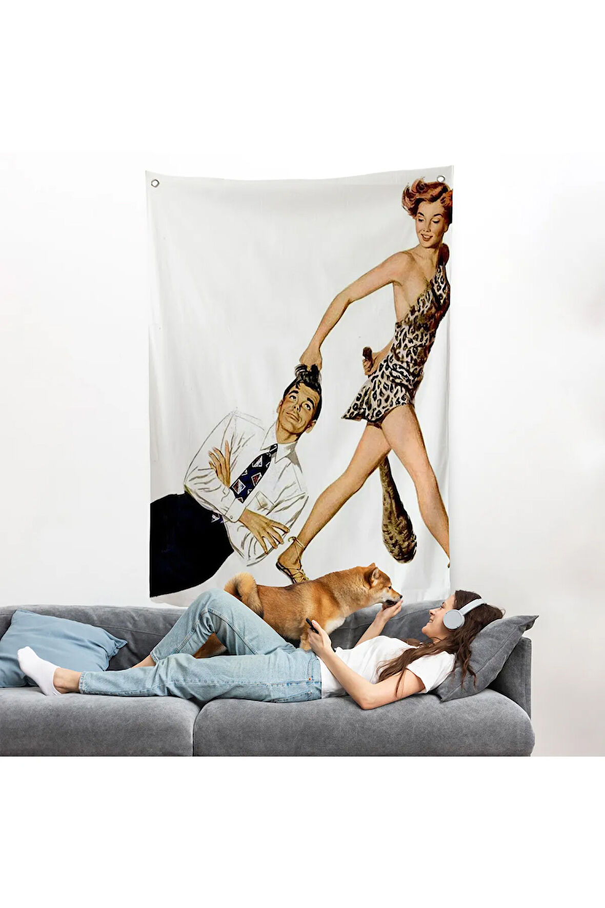 Modern Erkeği Sürükleyip Götüren Taş Devri Kadını Duvar Örtüsü-7738