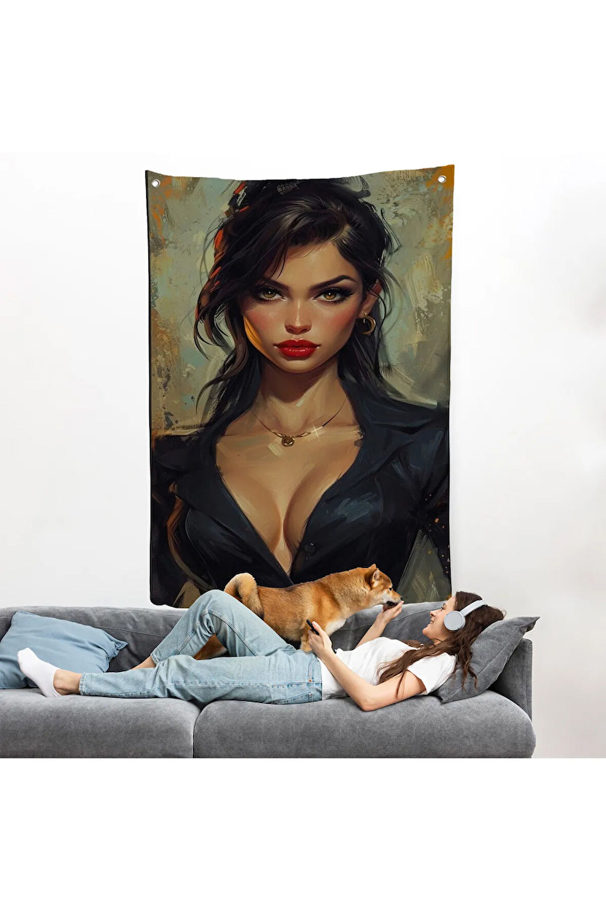 Yağlıboya Görünümlü Esmer Güzel Kadın Duvar Örtüsü-7741