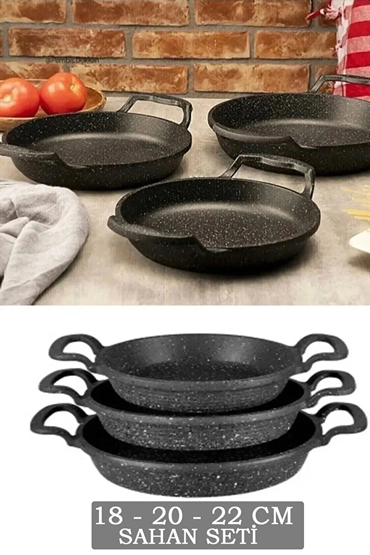 3'lü Granit Döküm Sahan Seti - 18-20-22 cm Yapışmaz Tava Seti