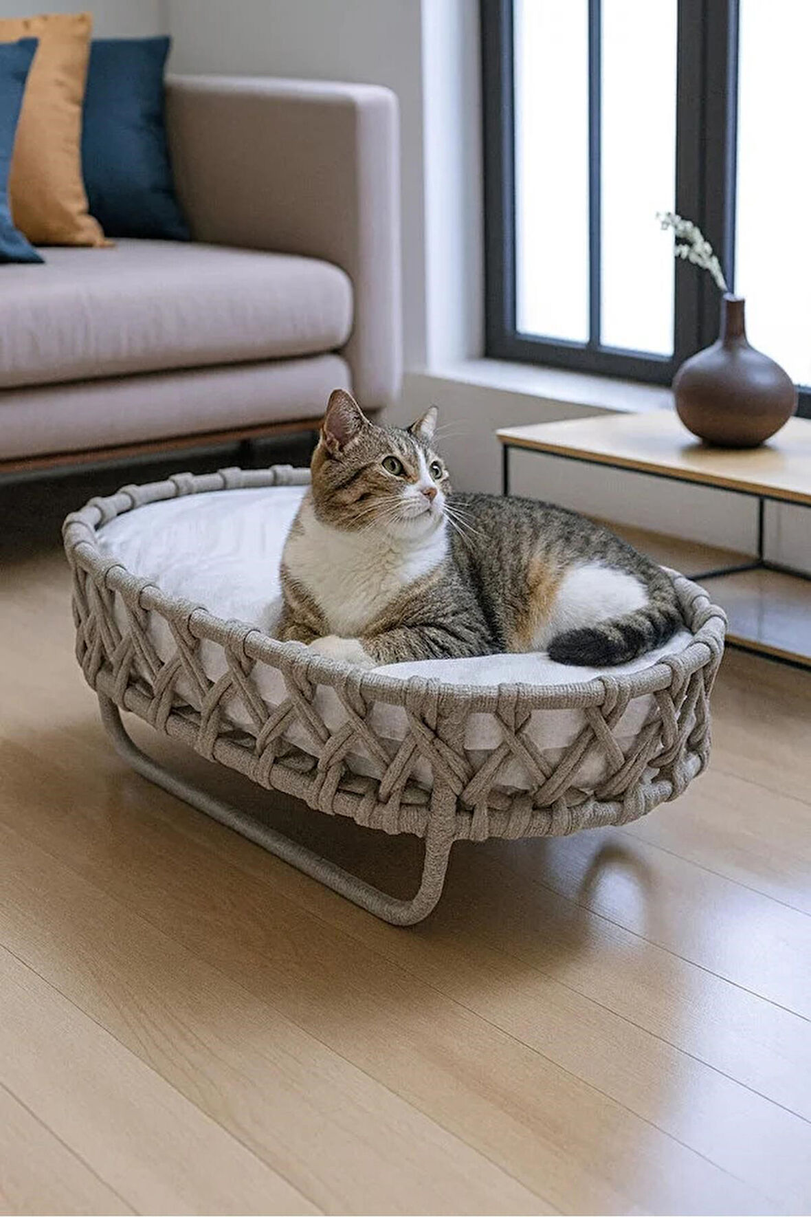 Reyo Tasaryum El Örgüsü Kedi Evi Yumuşak Kedi Yataklı Kedi Yuvası Gri