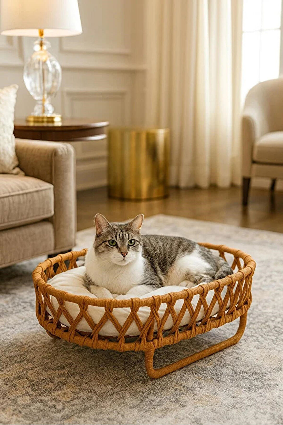 Reyo Tasaryum El Örgüsü İskandinav Kedi Yuvası, Yumuşak Yataklı Kedi Evi Kahverengi