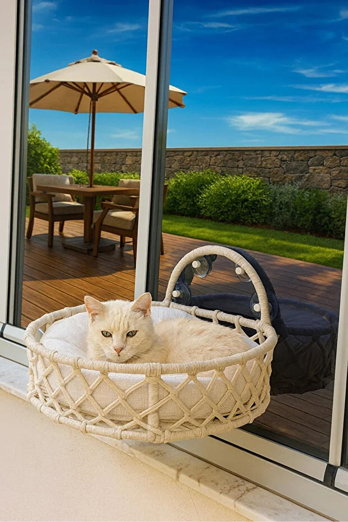 Reyo Tasaryum Kedi ve Köpek El Örgüsü Vantuzlu Cam Yatağı Kedi Hamağı Puf Minderli Krem