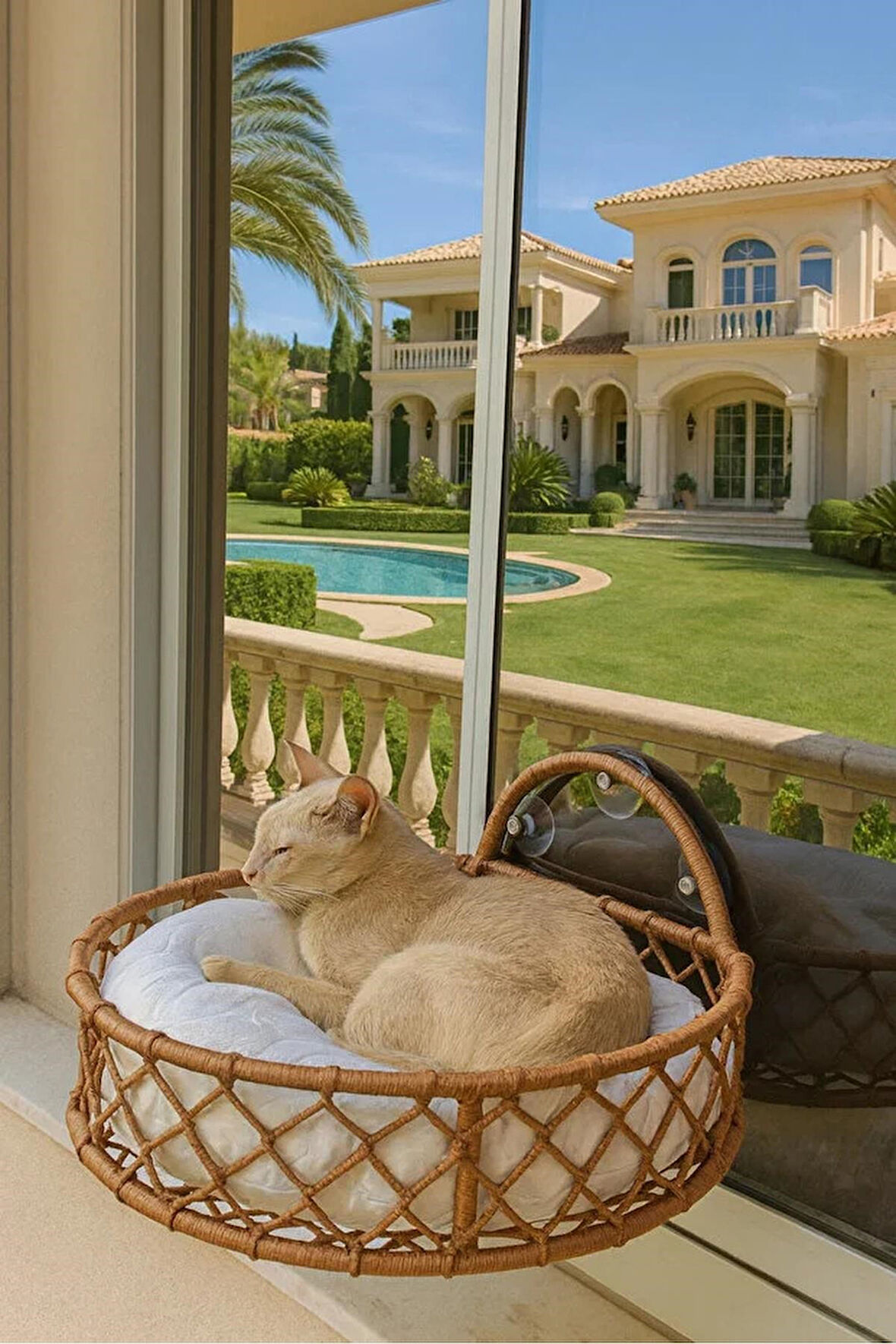 Reyo Tasaryum Kedi ve Köpek El Örgüsü Vantuzlu Cam Yatağı, Kedi Hamağı Kahve