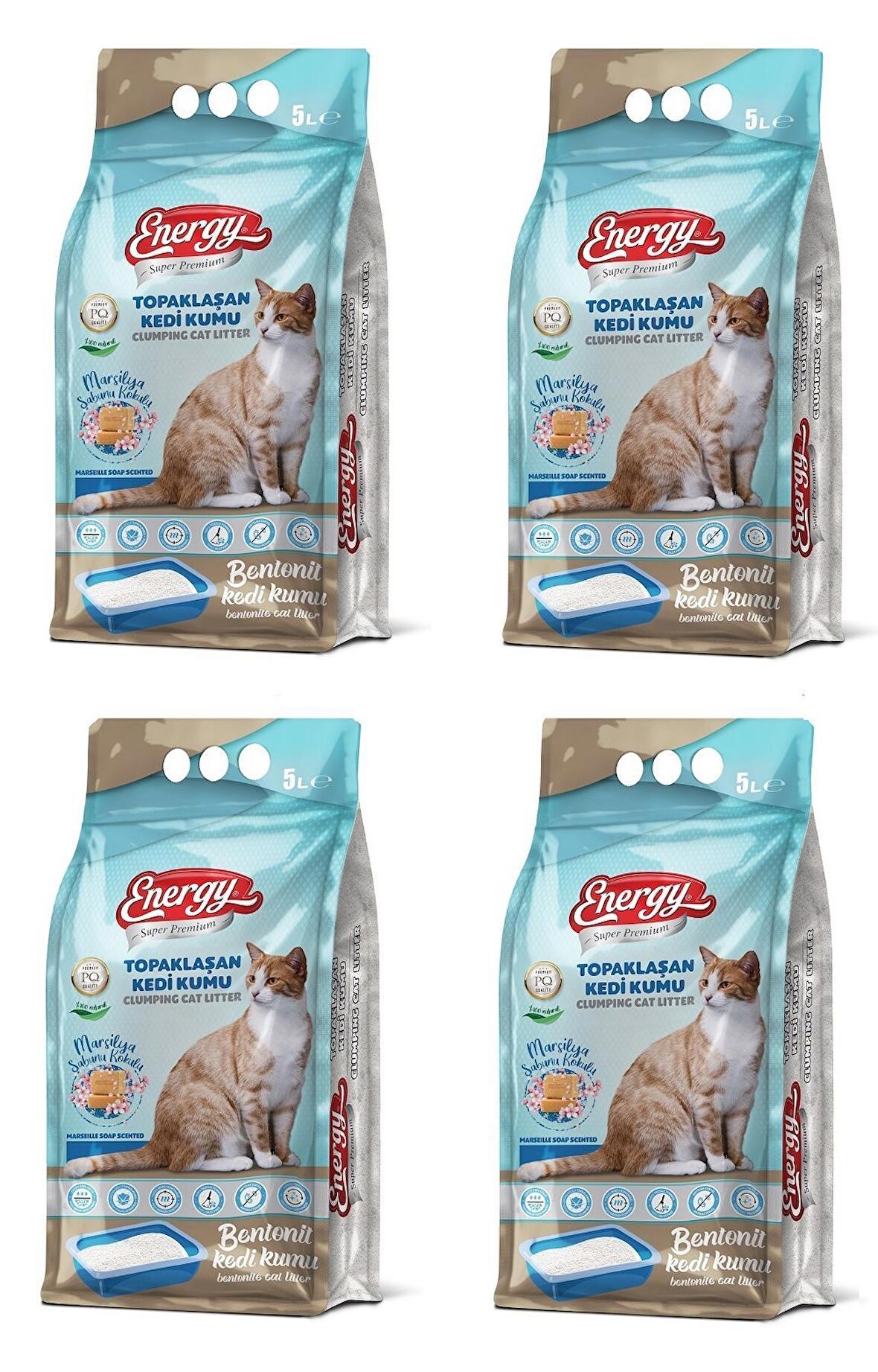 Energy Marsilya Sabunu Kokulu İnce Taneli Topaklaşan Bentonit Kedi Kumu 4 x 5 Paket= 20 Litre