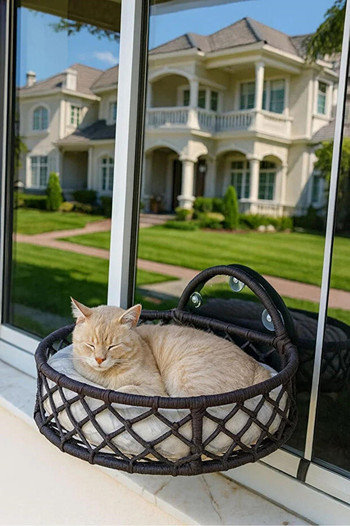 Reyo Tasaryum Kedi ve Köpek El Örgüsü Vantuzlu Cam Yatağı, Kedi Hamağı Antrasit