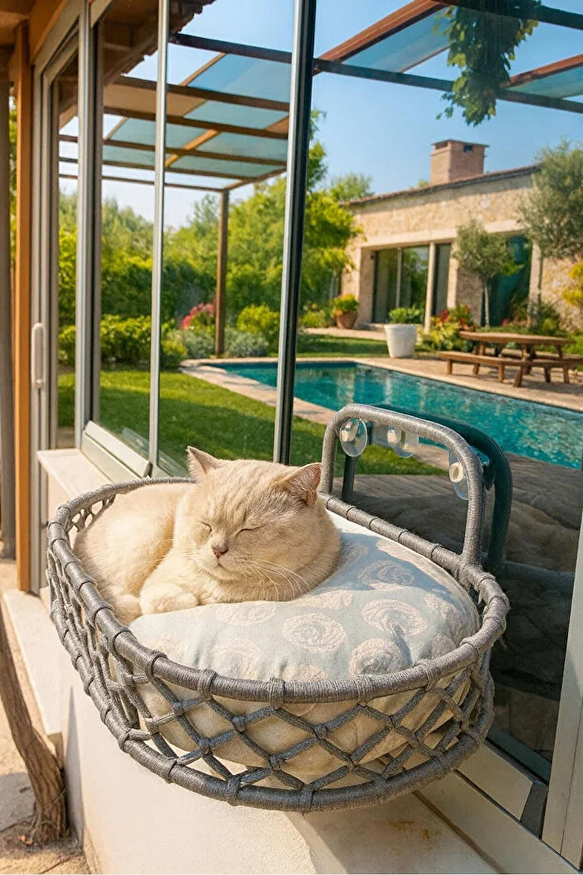 Reyo Tasaryum Kedi ve Köpek El Örgüsü Vantuzlu Cam Yatağı Hamak Gri