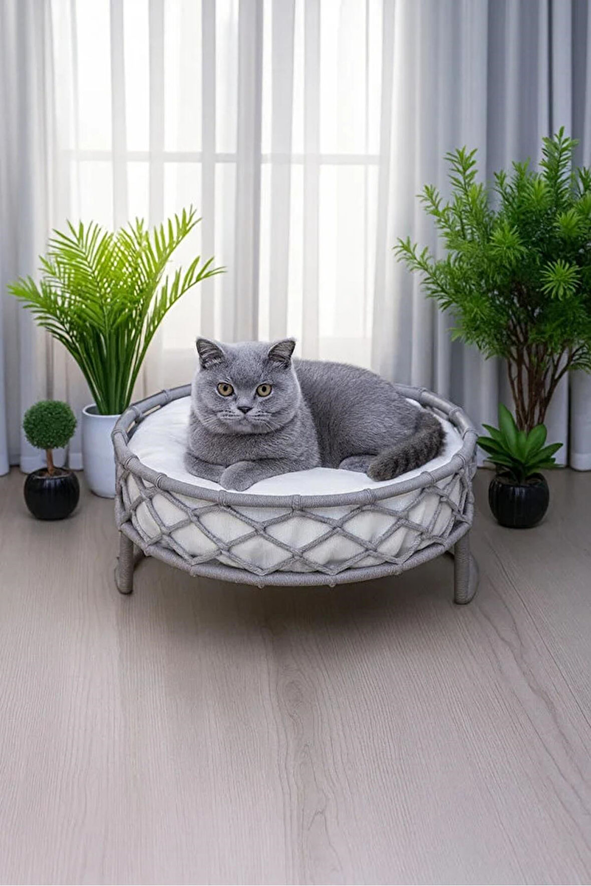 Reyo Tasaryum Kedi ve Köpek El Örgüsü Yatağı, Kedi Yuvası Kedi Evi Gri