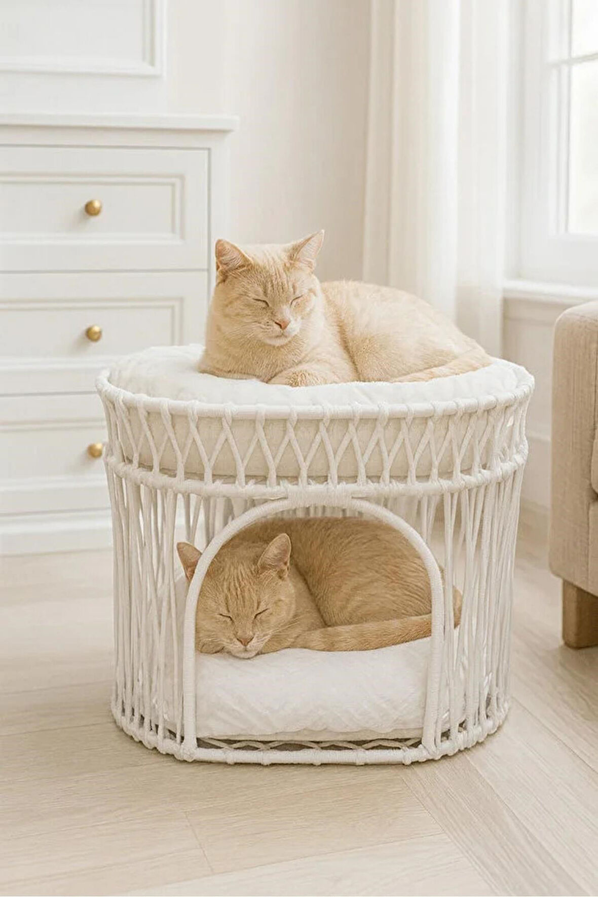 Reyo Tasaryum Çift Katlı Kedi Yatağı Kedi Ranzası, İskandinav Kedi Evi Krem