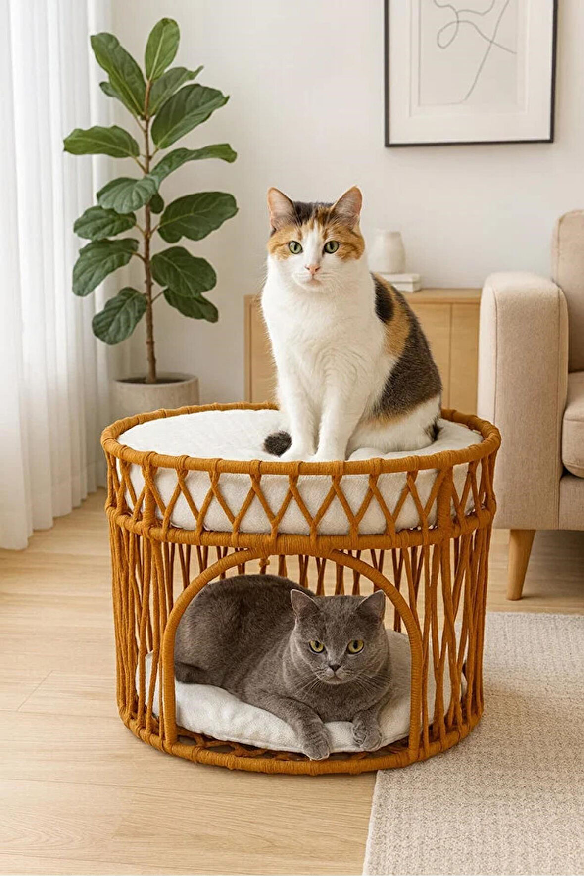 Reyo Tasaryum Çift Katlı Kedi Yatağı Kedi Ranzası, İskandinav Kedi Evi Kahverengi