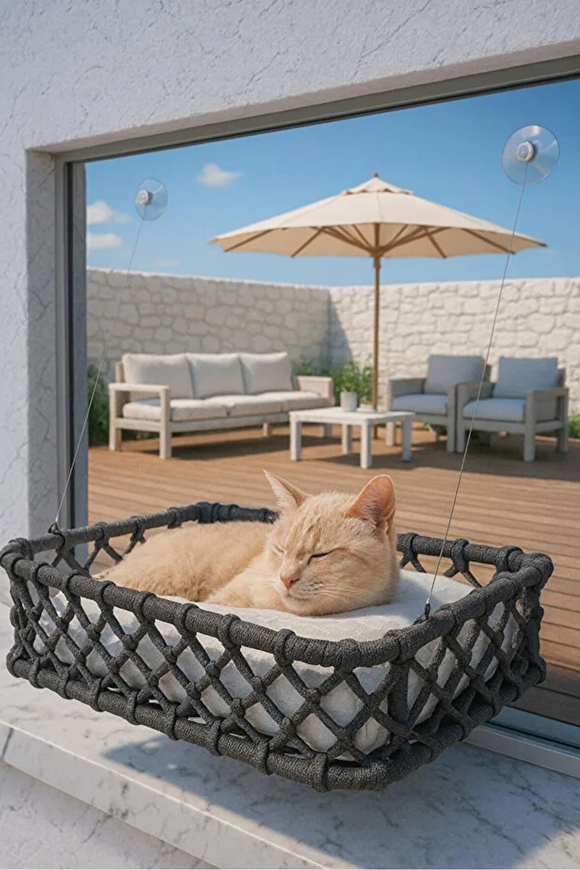 Reyo Tasaryum El Örgüsü Kedi ve Köpek Vantuzlu Cam Yatağı, Kedi Hamağı Puf Minderli Antrasit