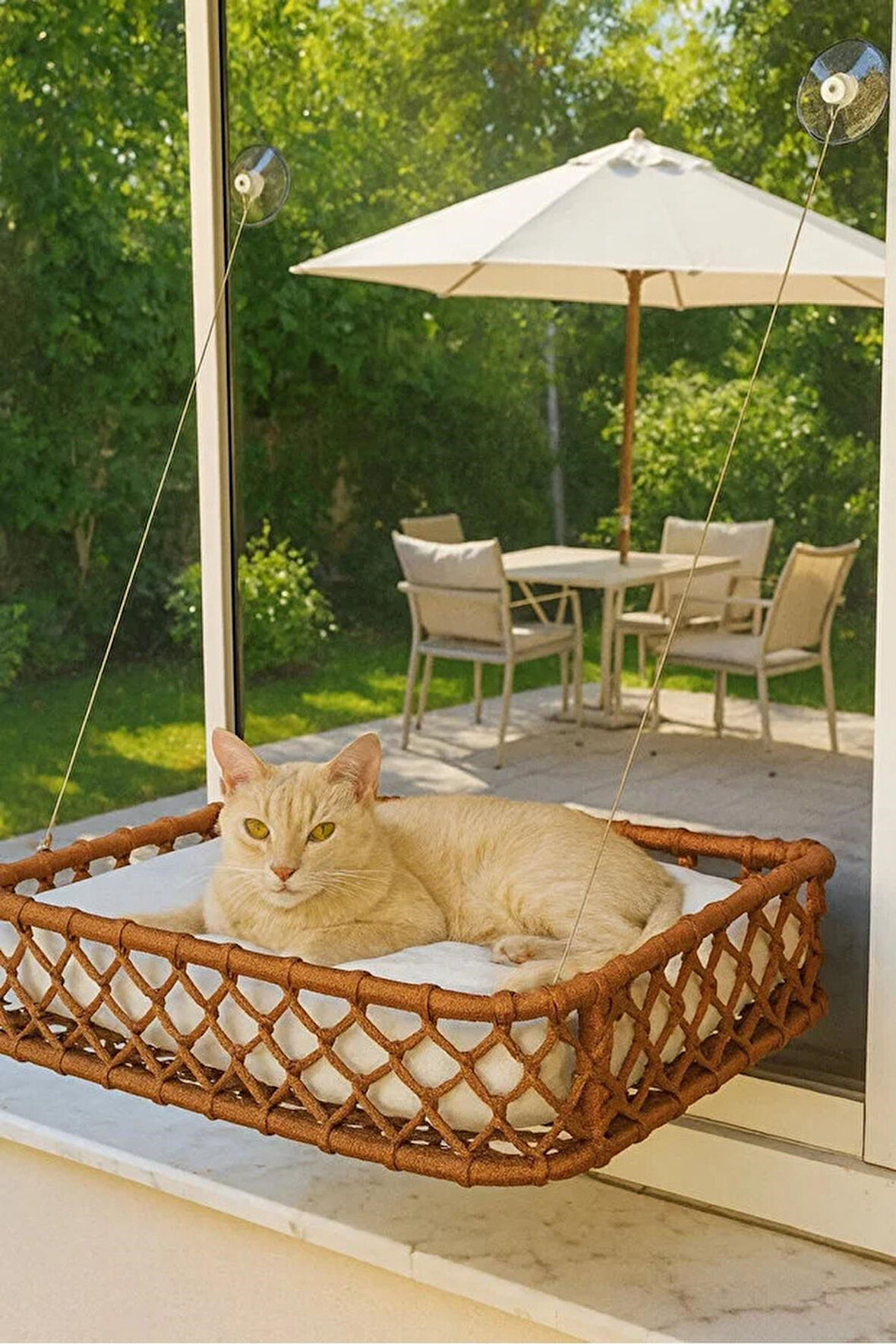 Reyo Tasaryum El Örgüsü Kedi ve Köpek Vantuzlu Cam Yatağı, Kedi Hamağı Puf Minderli Kahverengi