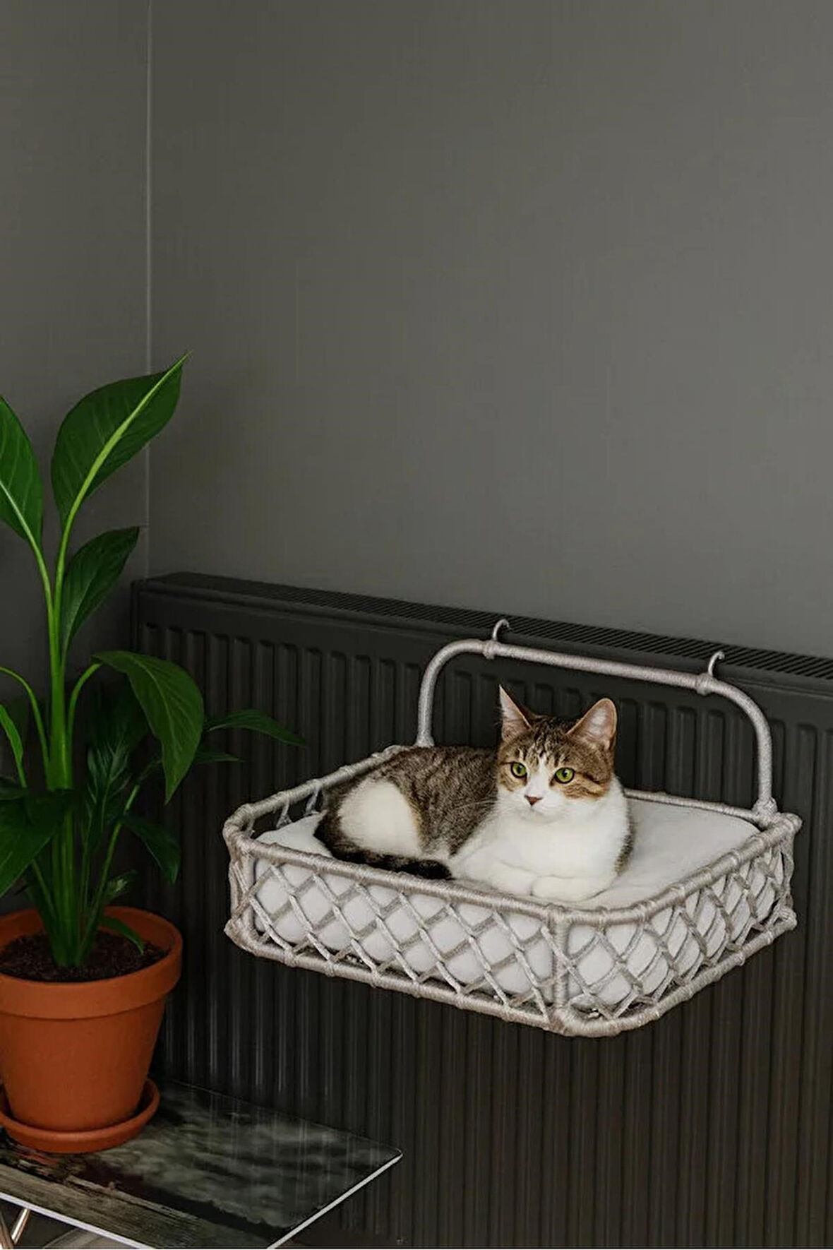 Reyo Tasaryum Kedi Köpek Kalorifer Yatağı, Kedi Hamak, Puf Minderli Radyatör Yatağı AçıkGri