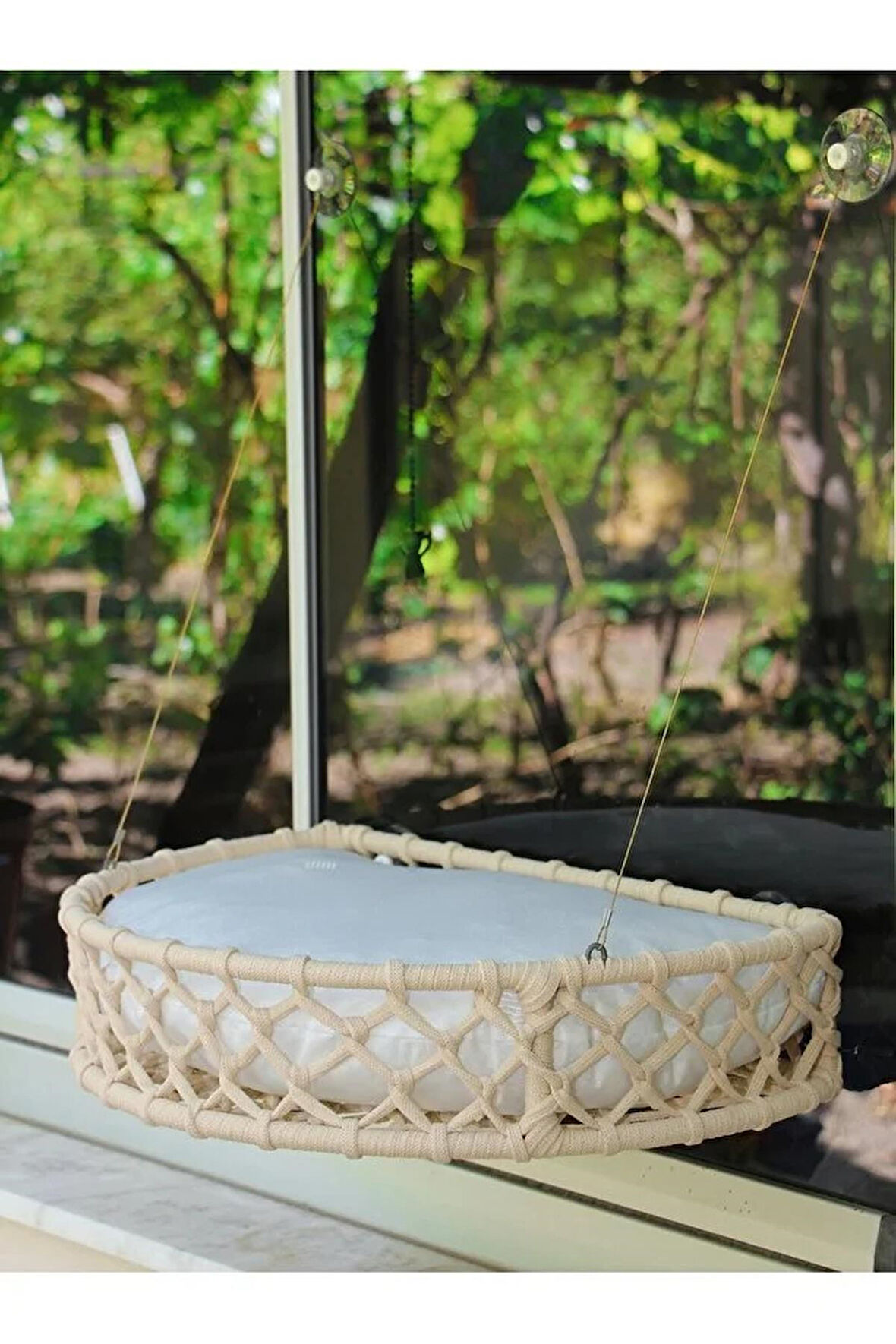 Reyo Tasaryum Kedi ve Köpek Vantuzlu Cam Yatağı, Kedi Hamağı, Kedi Yatağı Puf Minderli Krem