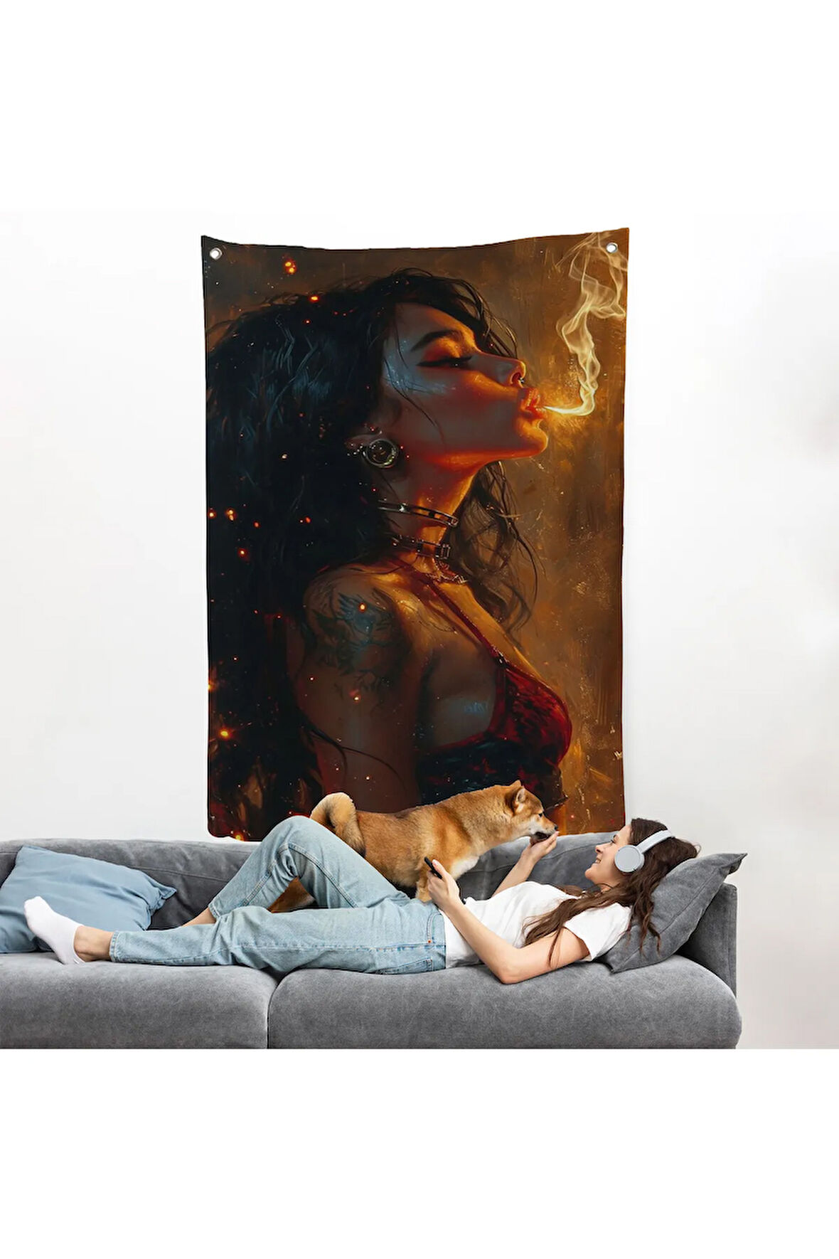 Dumanı Üfleyen Güzel Kadın Duvar Örtüsü-7753