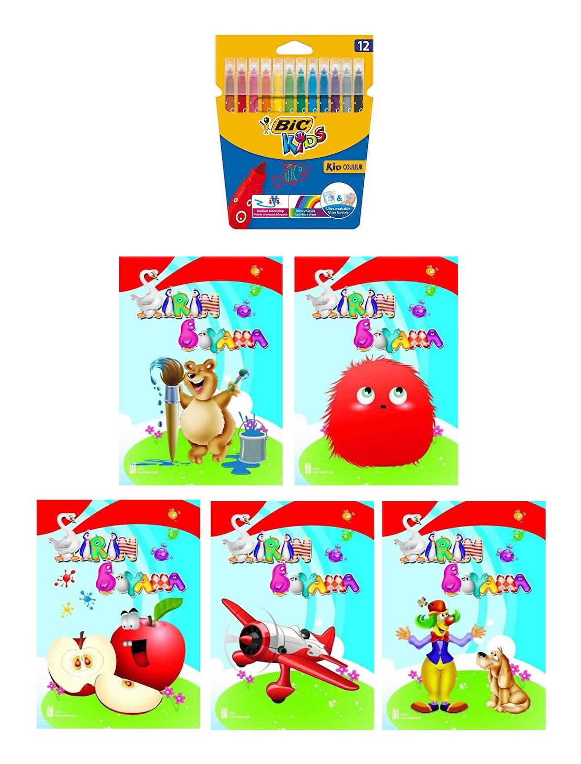 3-6 Yaş Şirin Boyama Kitapları 5 li +Bic Kids 12 li Keçeli Boya