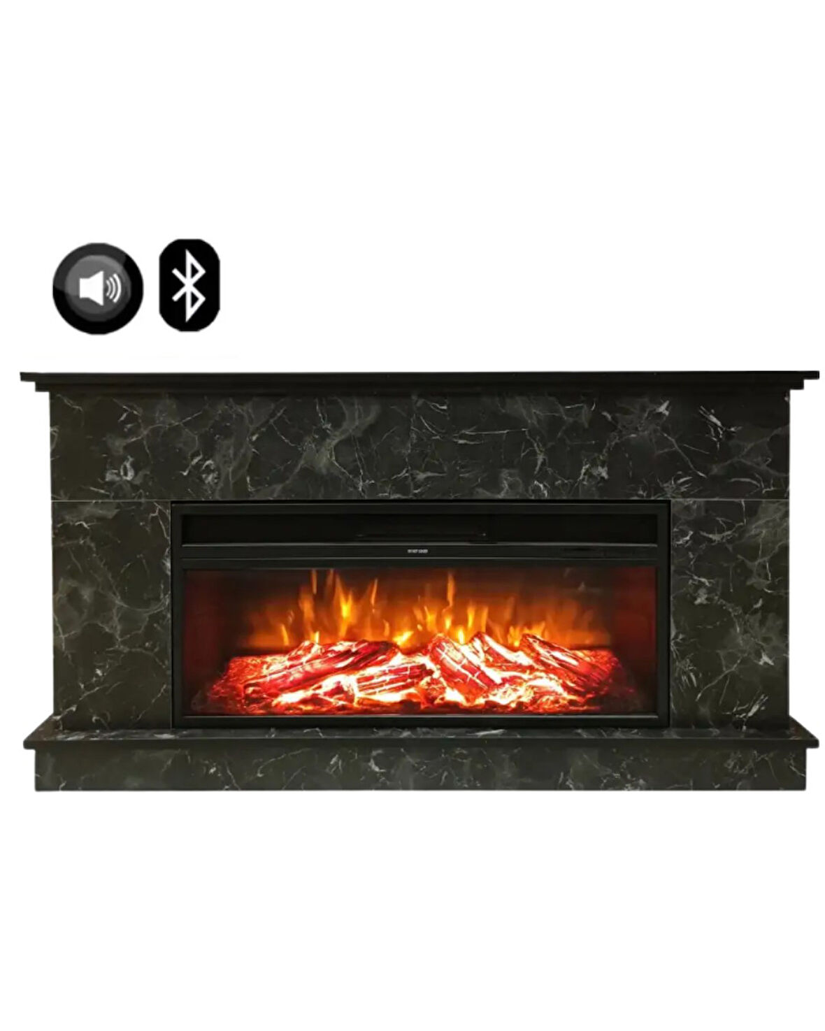 Dlc Large Penida Siyah Mermer Desen 1800 Watt Bluetooth ve Ses Efektli Dekoratif Elektrikli Şömine