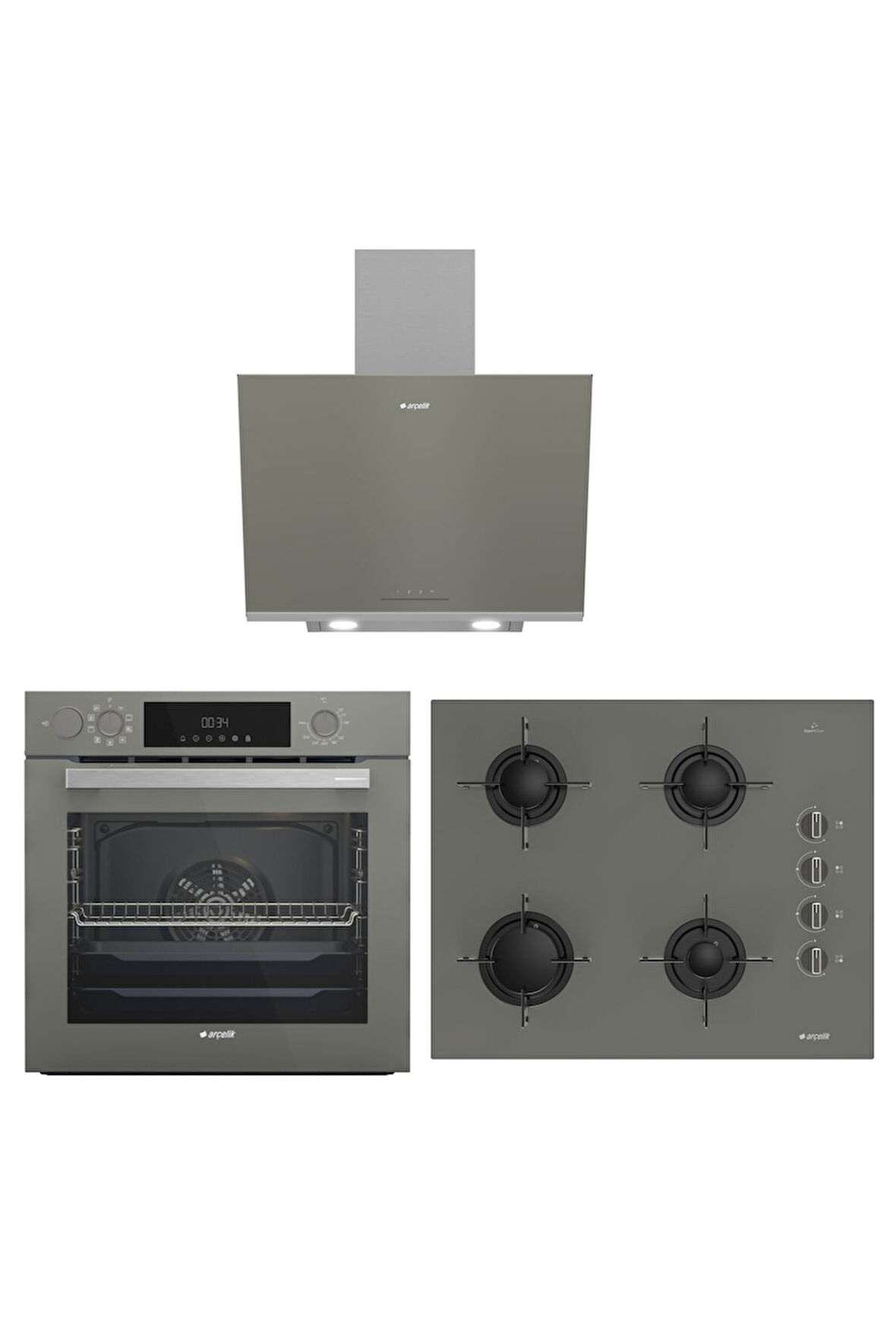 YENİ GRİ ÜÇLÜ BUHAR DESTEKLİ CAM ANKASTRE SET (AFC 340 G + OCD T 651 EG + ADE 606-2 G)