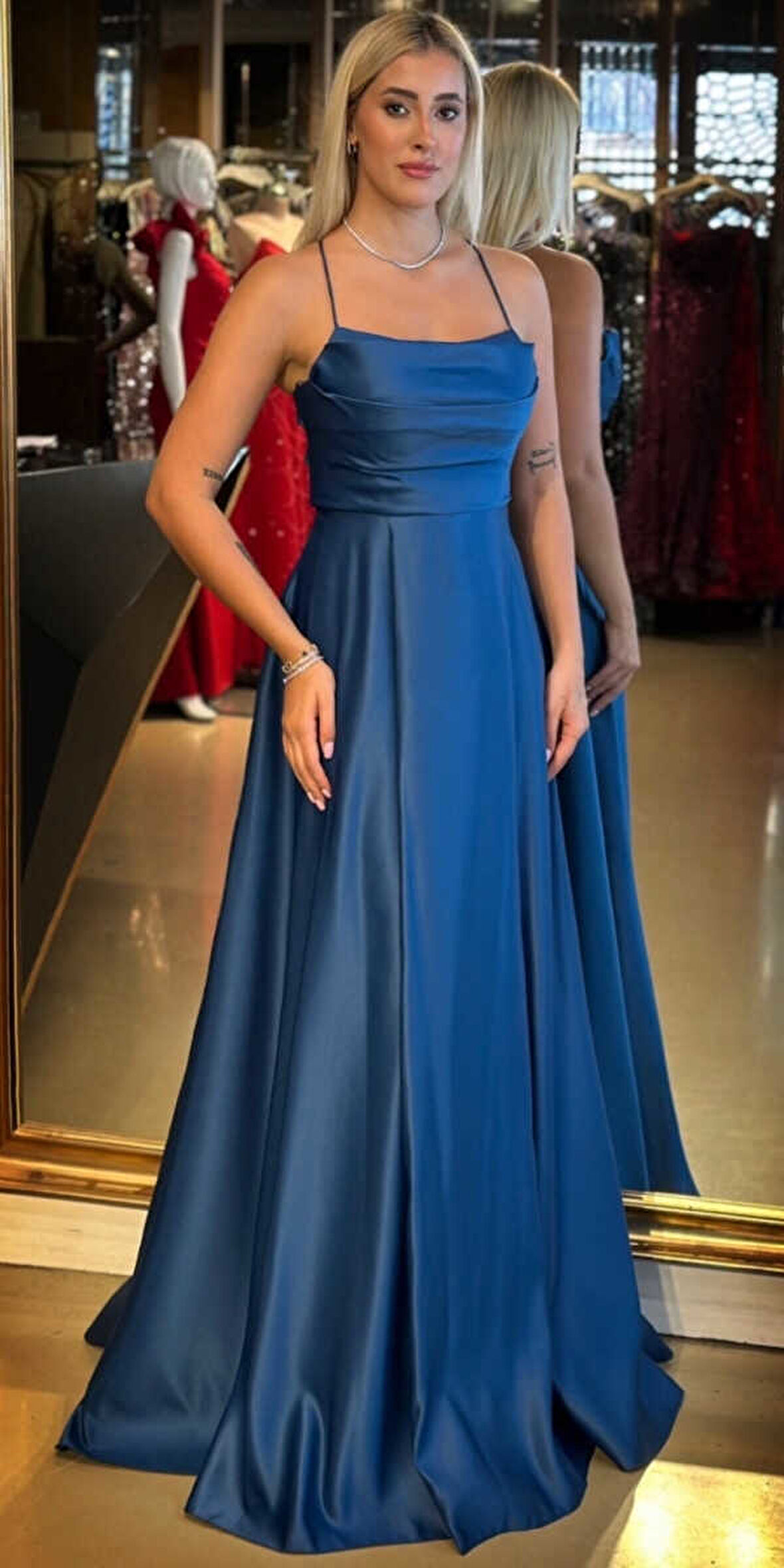 Petrol Renk İp Askılı Sırt Dekolteli Kloş Etekli Saten Uzun Abiye Elbise 7764