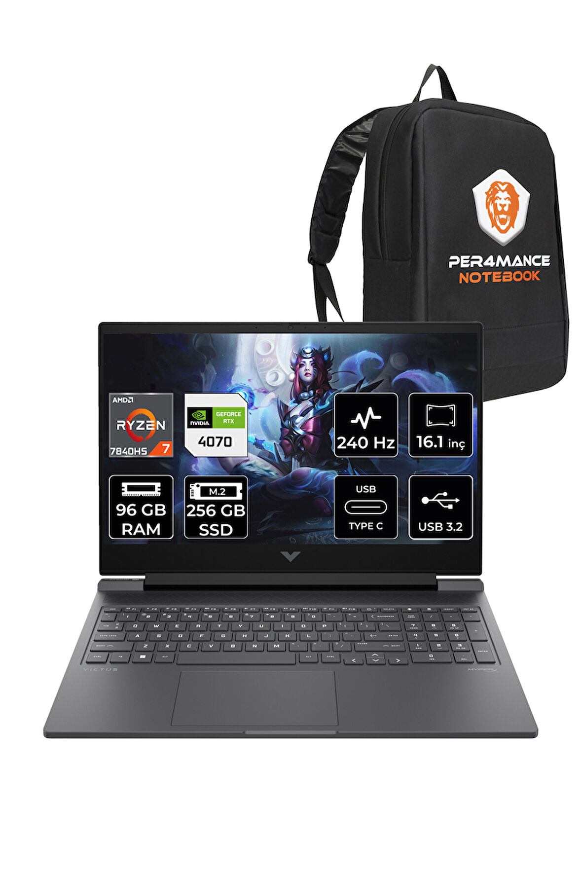 HP Victus 16 R7 7840HS 96GB 256GB SSD RTX4070/8GB 240Hz QHD 16.1'' FDOS Gaming Laptop & PER4 ÇANTA