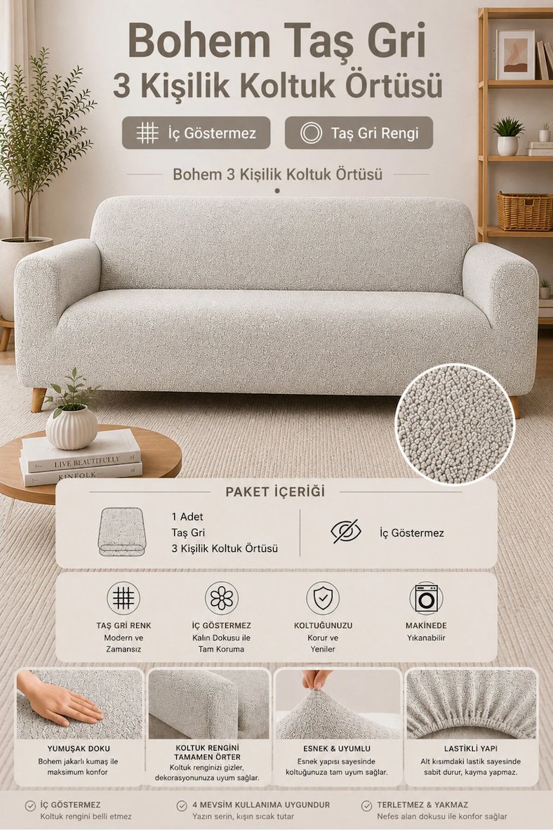 buklet bohem Lastikli 3 Kişilik Koltuk Örtüsü Kaymaz Esnek ve Yıkanabilir Koltuk Kılıfı taş-gri rengi