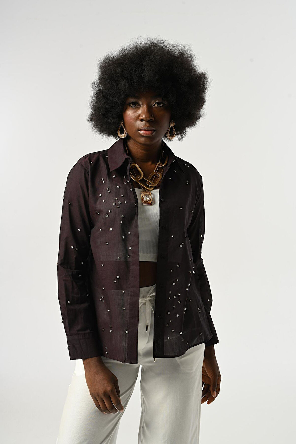 KADIN TAŞ İŞLEMELİ İNCE GÖMLEK