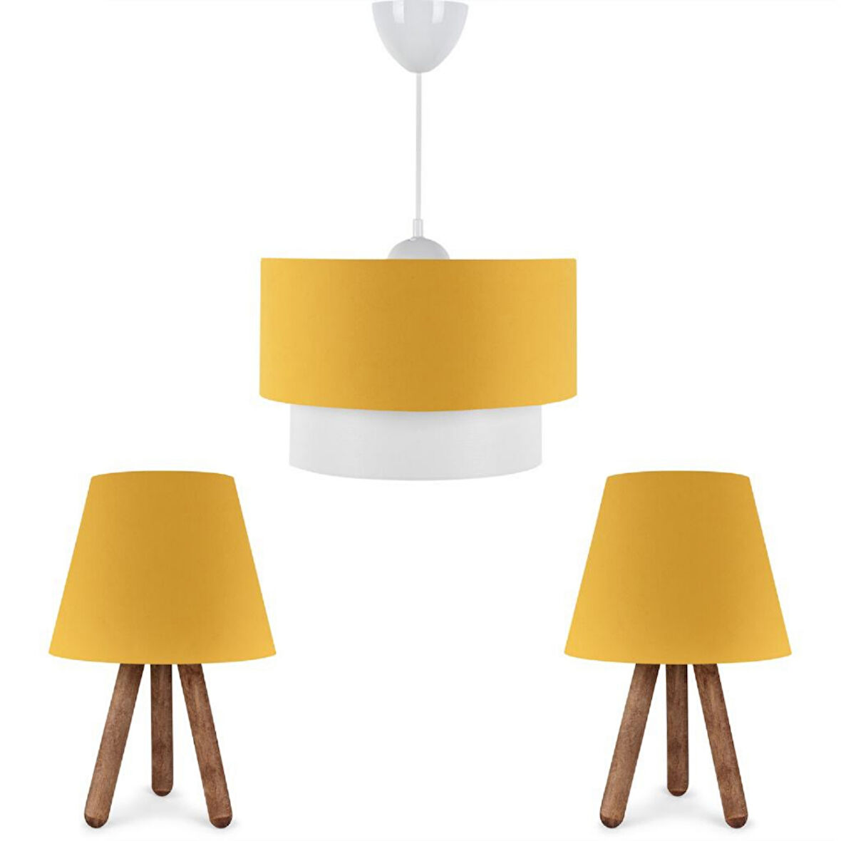 ArtGift Üçlü Avize Ve Abajur Seti Ahşap Ayak Sarı Kumaş Başlık Yatak Odası Çocuk Odası Salon