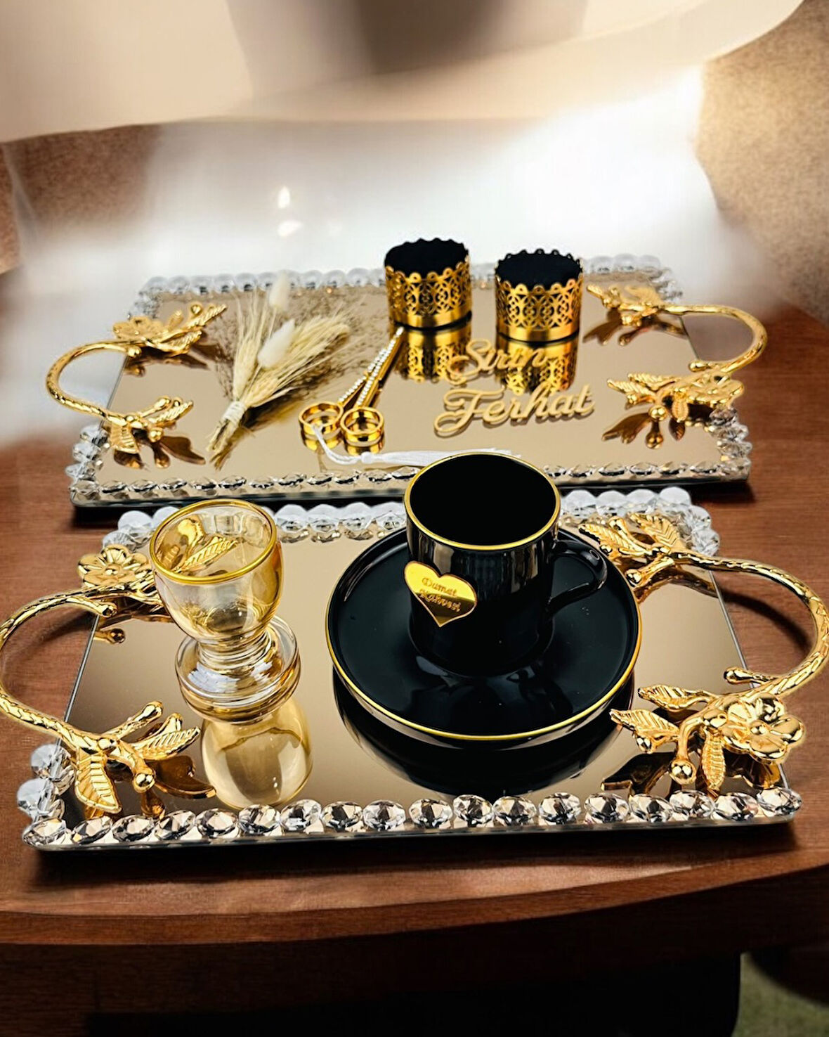 Amour Gold Lüks Swarovski Söz Nişan Tepsisi 