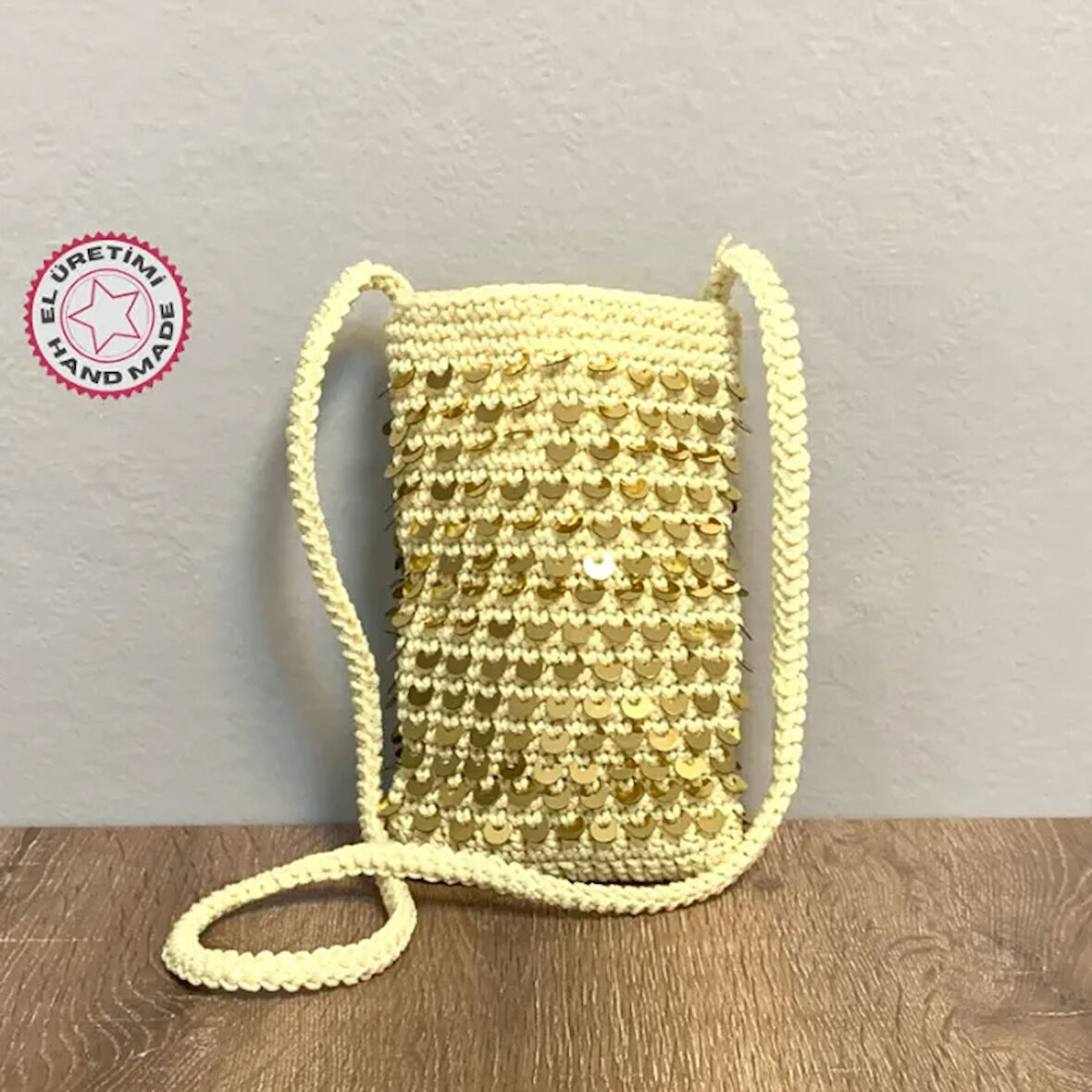 Uretti - Rukiye 7294 - El Yapımı Payetli Makrome İp Cüzdan Çanta 19cm - Krem