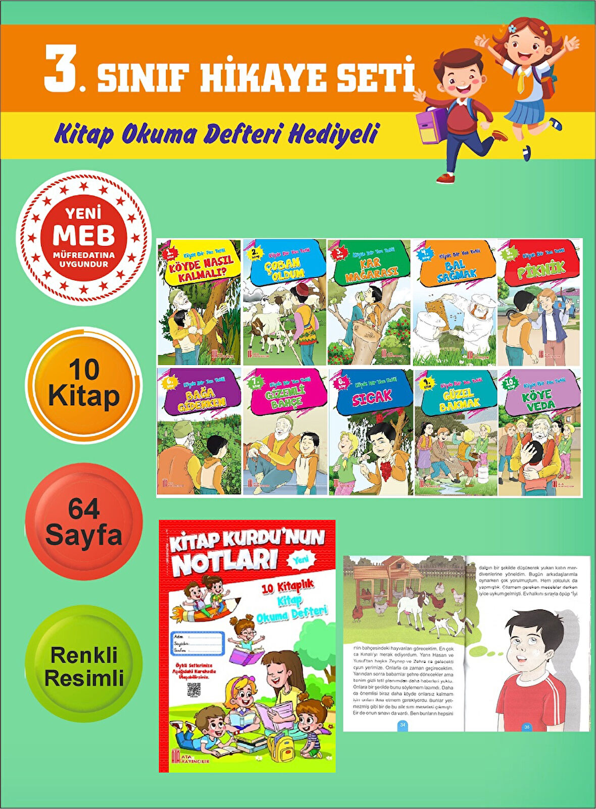 3.Sınıflar İçin Okumayı Sevdiren 10 lu Hikaye Seti 12(Kitap Okuma Defteri Hediyeli)