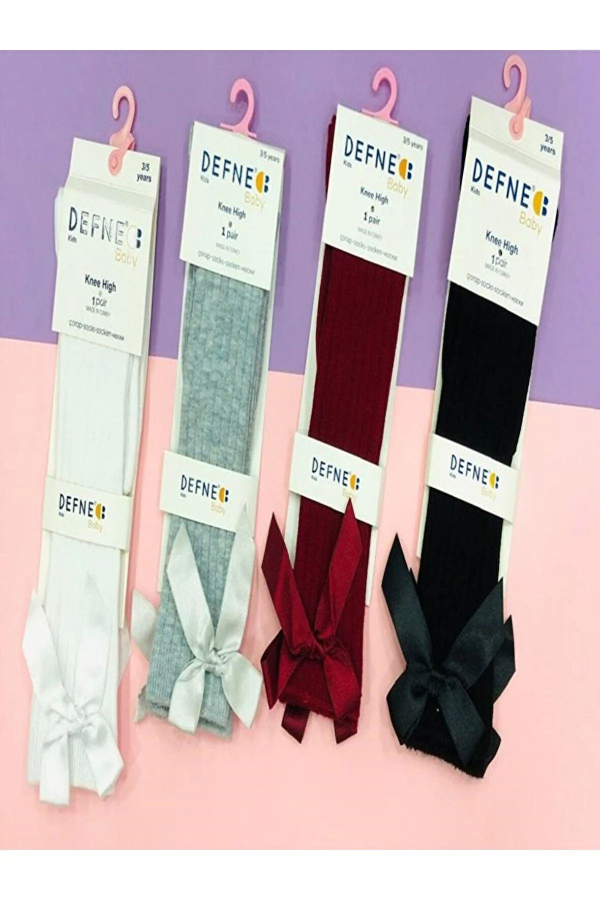 1 Adet Kız Çocuk Çizgili Fiyonklu Kurdele Detaylı Kırmızı Desenli Dizaltı Çorabı