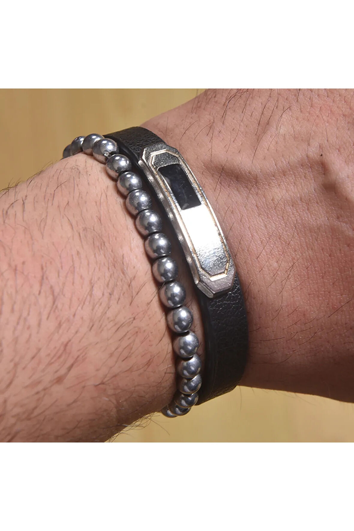 Özel Design Erkek Bileklik Hematit Deri Kombin Takı