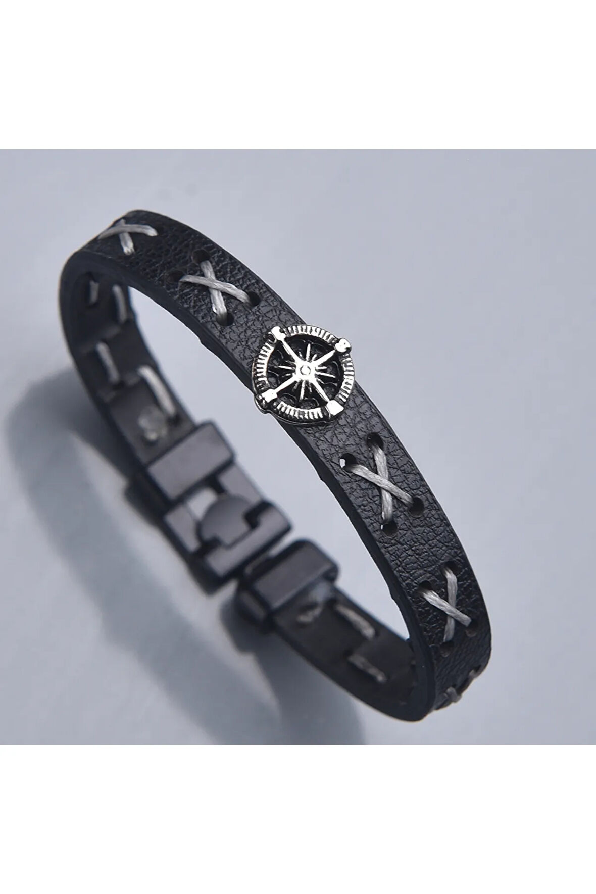 Örgülü Pusula Simgeli Erkek Deri Bileklik Takı Aksesuar B24 T5