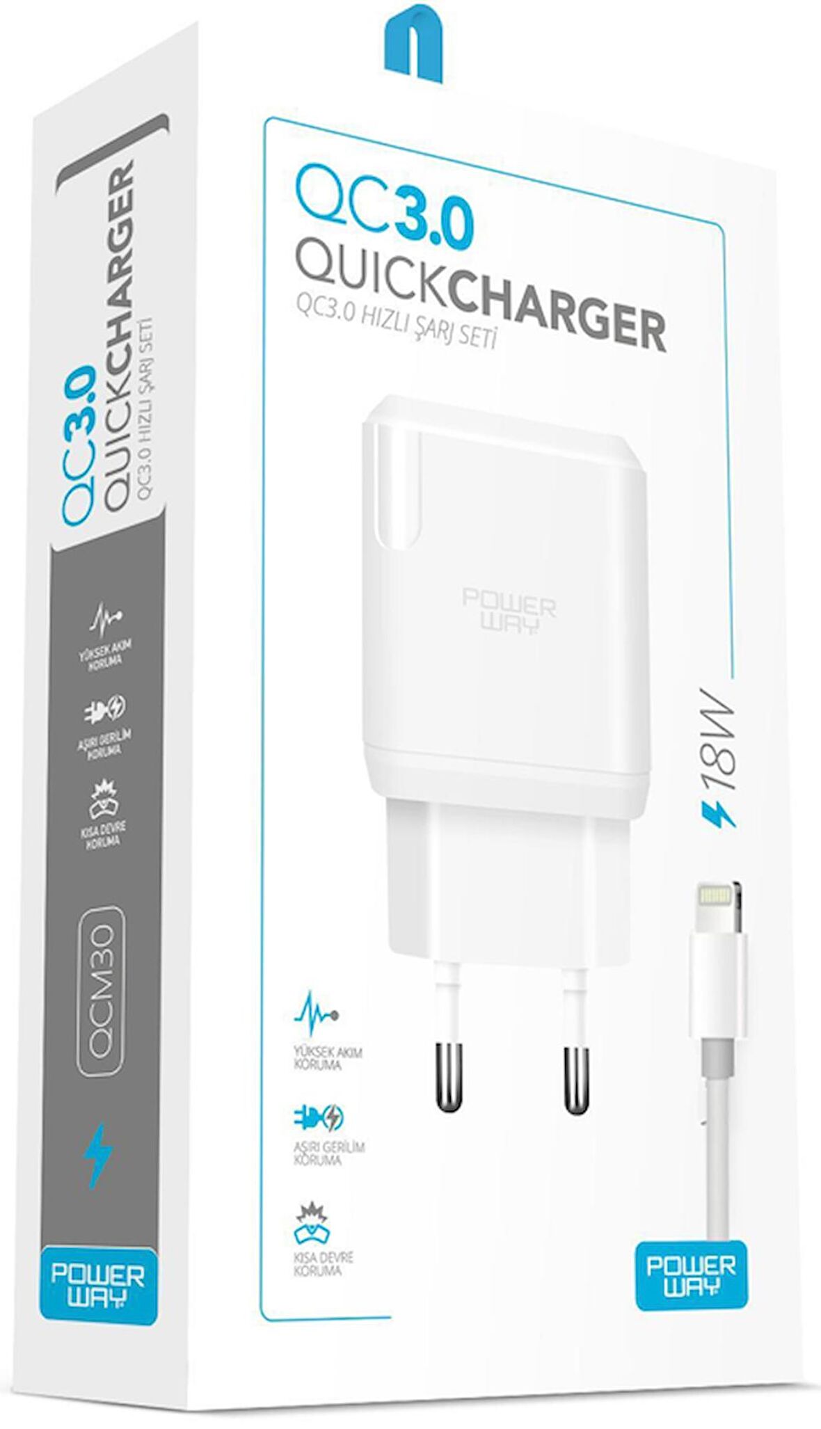 Powerway QCM30 Lightning 18 Watt Hızlı Şarj Aleti Beyaz