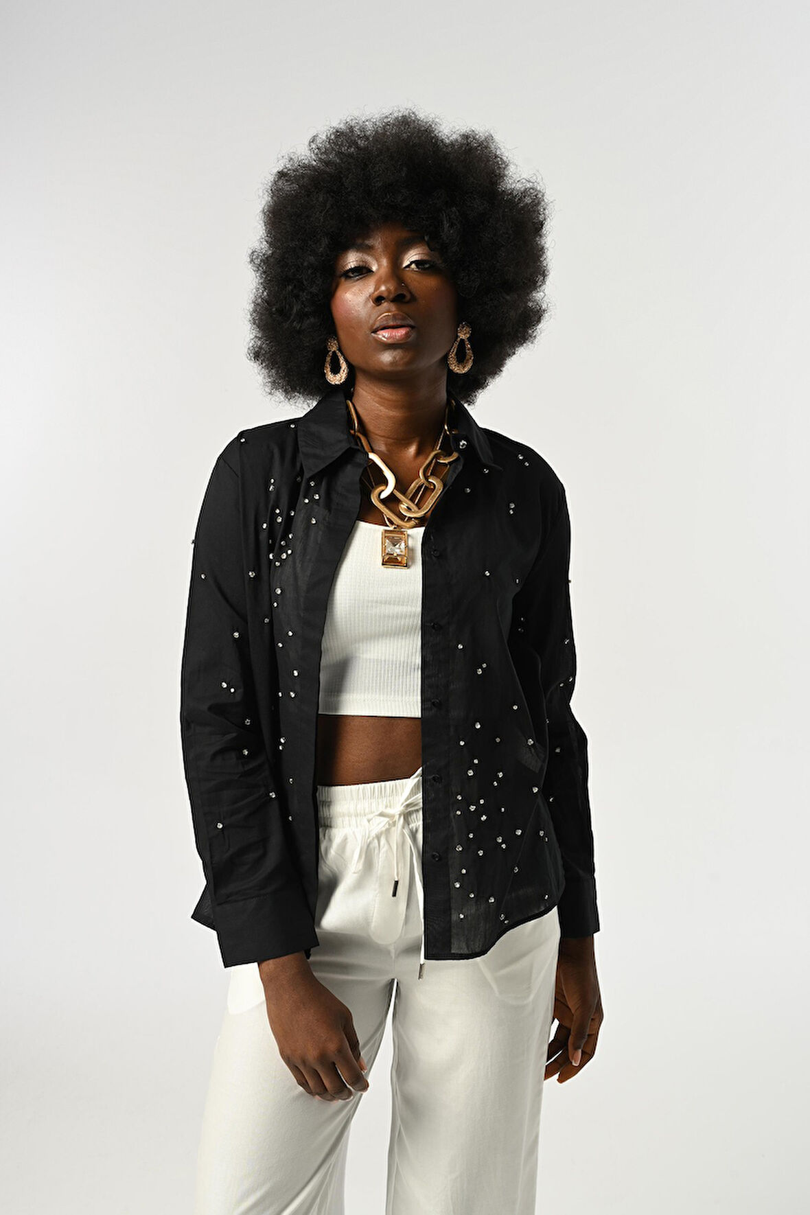 KADIN TAŞ İŞLEMELİ İNCE GÖMLEK