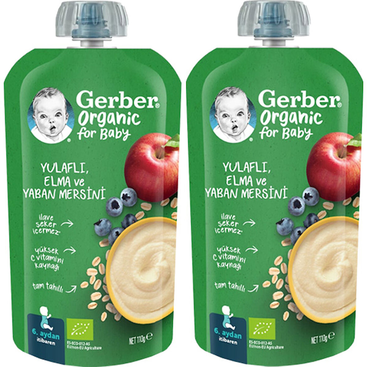 Gerber Organic Yulaflı Elma ve Yaban Mersini Püresi 110g​ x 2 Adet