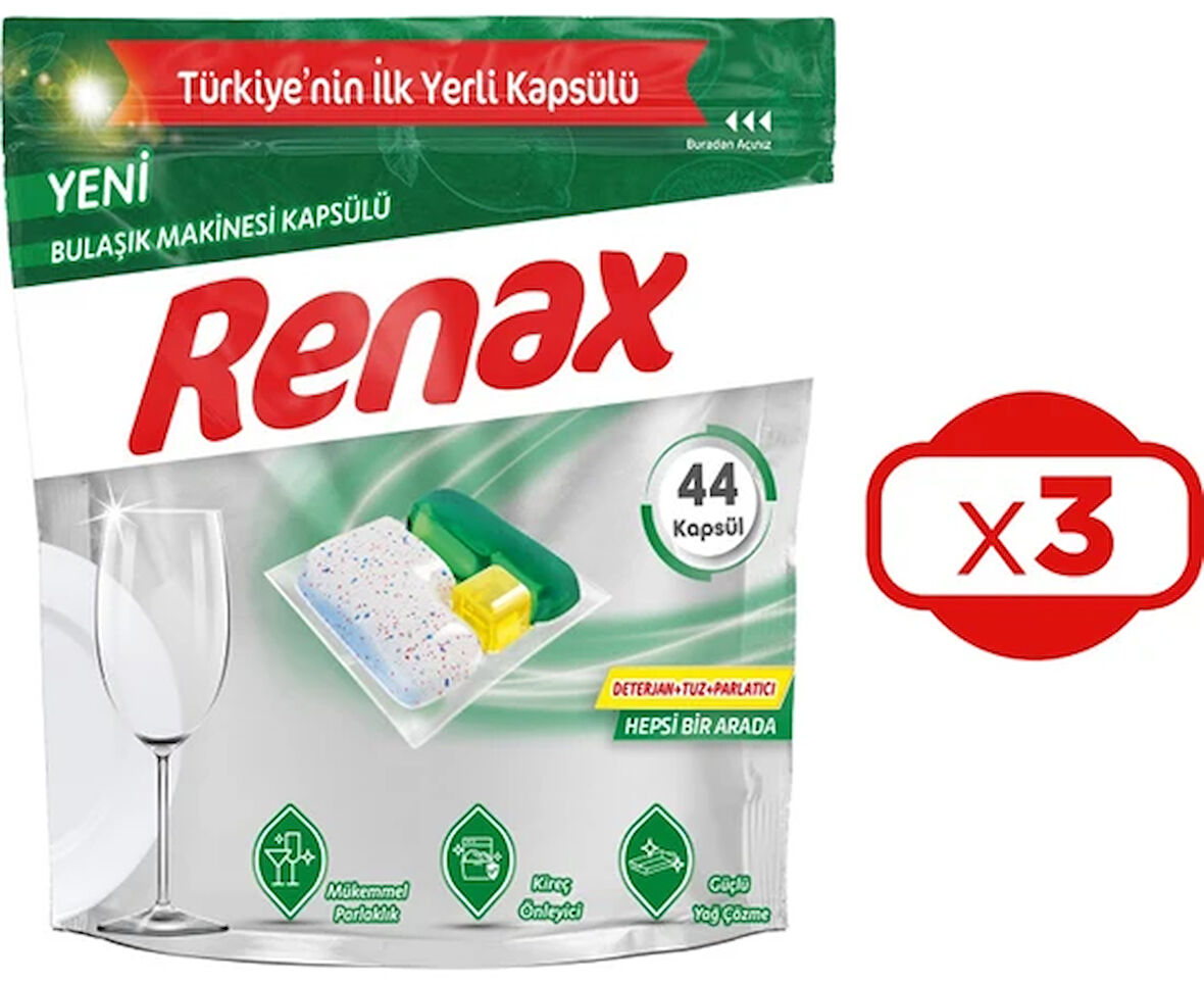 Renax Bulaşık Makinesi Kapsülü Hepsi Bir Arada 44 lü x 3 Adet