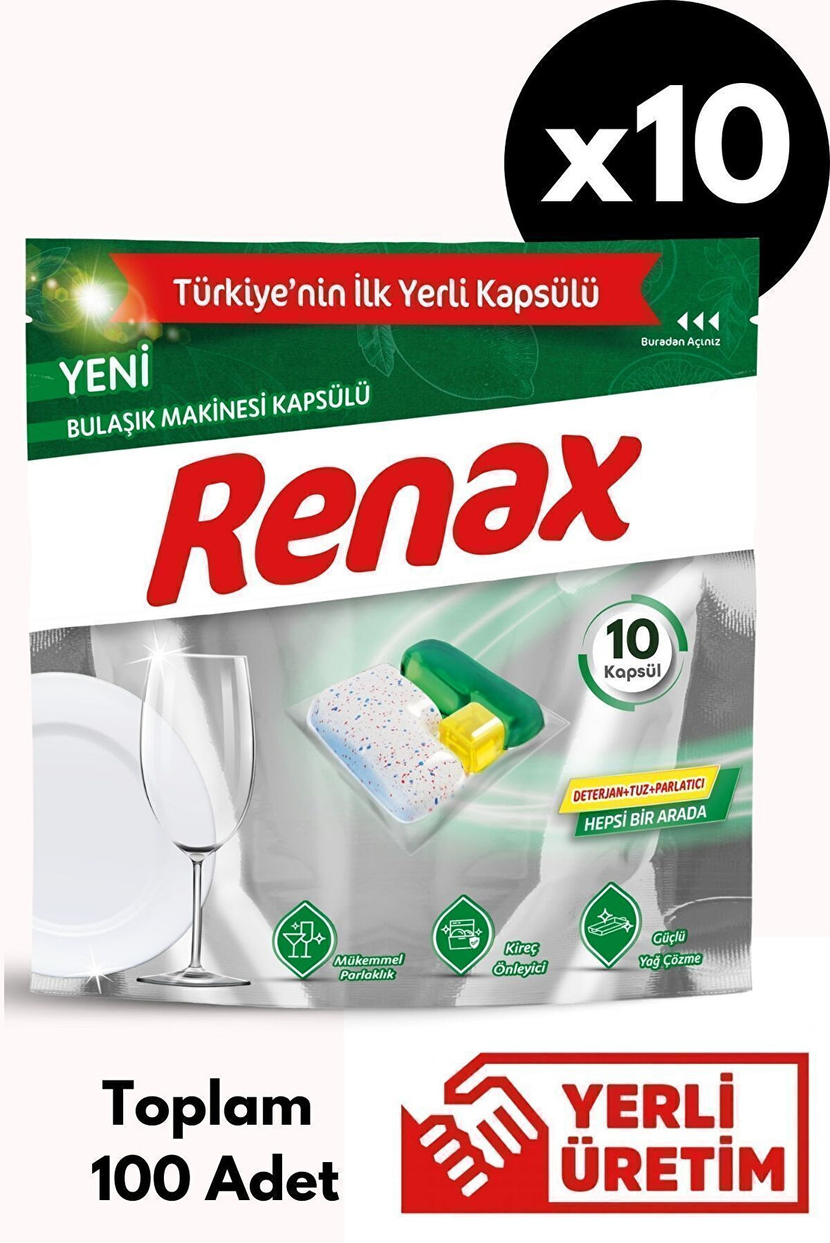 Renax Bulaşık Makinesi Kapsülü Hepsi Bir Arada 10 lu x 10 Adet