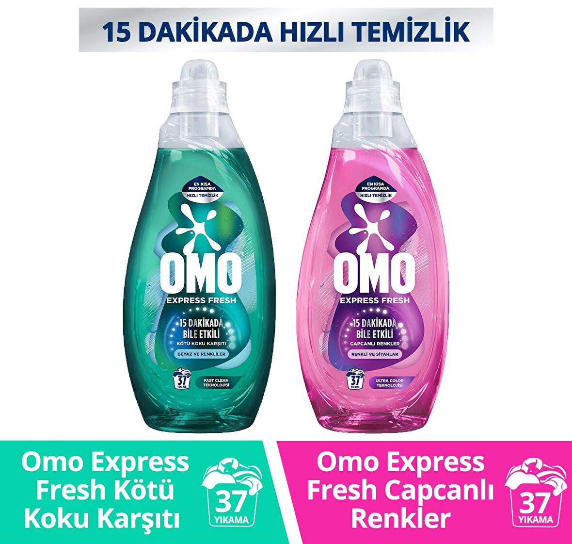 Omo Express Fresh Kötü Koku Karşıtı Beyaz ve Renkliler + Capcanlı Renkli ve Siyahlar için Deterjan 2 x 1480 ML