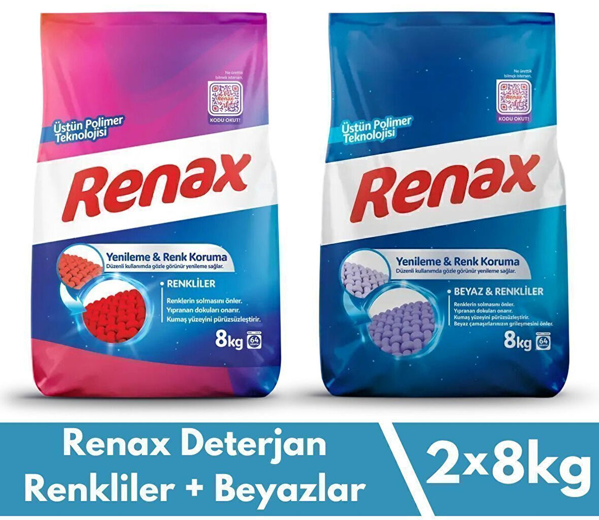 Renax Toz Çamaşır Deterjanı 8 kg 2 li Paket Renkliler ve Beyazlar