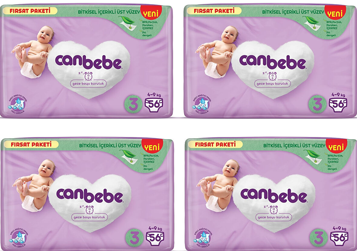 Canbebe Bebek Bezi Fırsat Paketi 3 Beden Midi (4-9 kg) 56 lı x 4 Adet