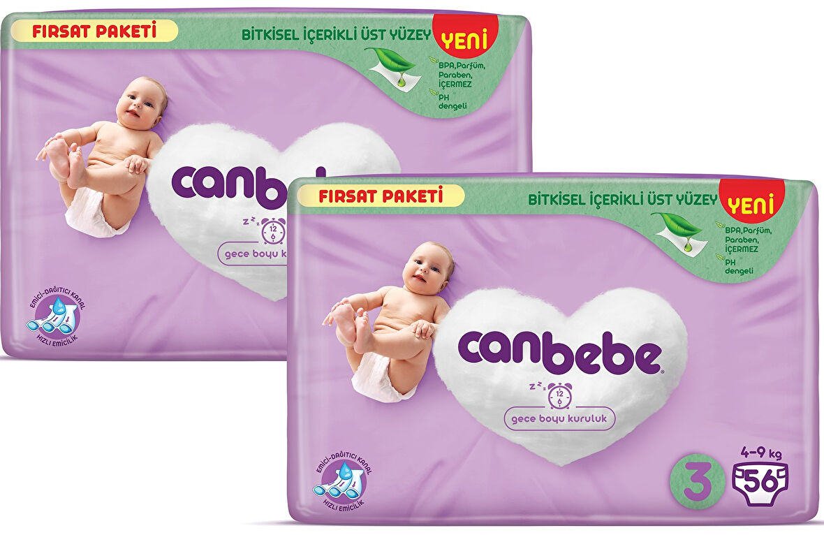 Canbebe Bebek Bezi Fırsat Paketi 3 Beden Midi (4-9 kg) 56 lı x 2 Adet