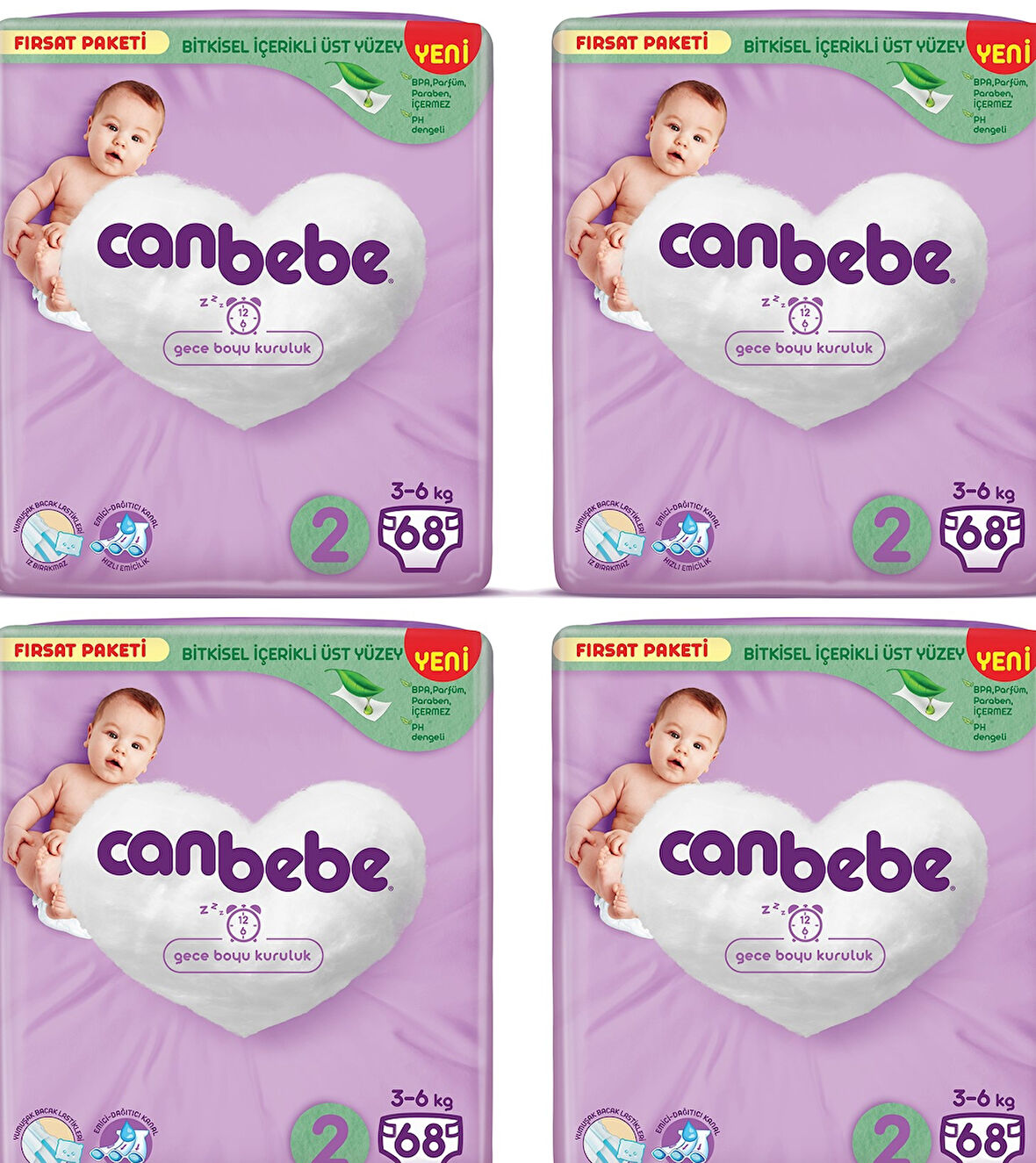 Canbebe Bebek Bezi Fırsat Paketi 2 Beden Mini (3-6 kg) 68 li x 4 Adet