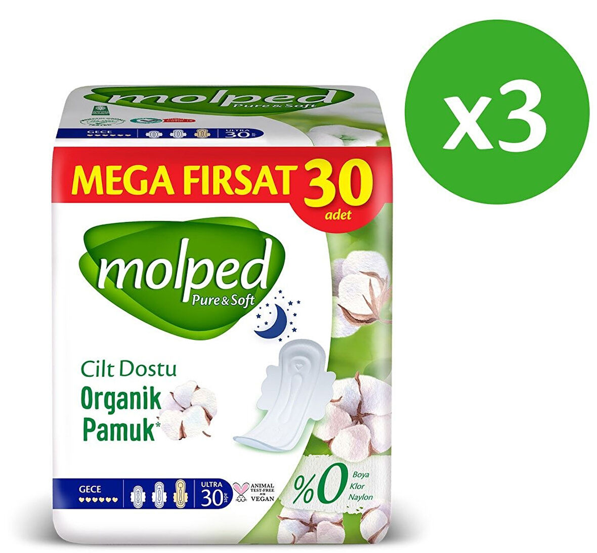 Molped Pure Soft Hijyenik Ped Gece Süper Mega Paket 30 lu x 3 Adett