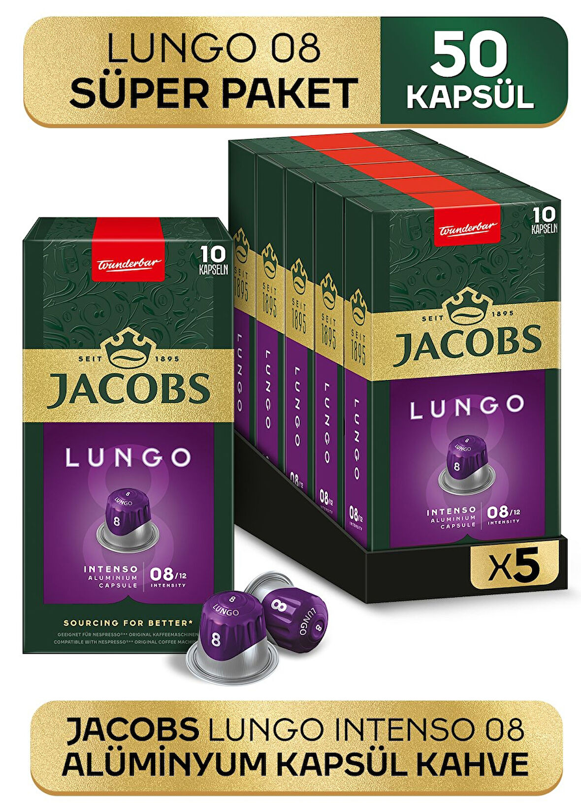 Jacobs Lungo 8 Intenso Nespresso Uyumlu Kapsül Kahve 10 lu x 5 Adet