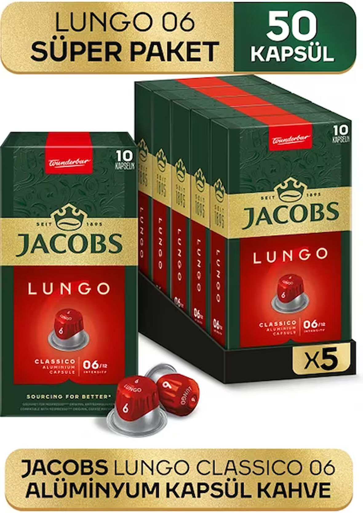 Jacobs Lungo 6 Classic Nespresso Uyumlu Kapsül Kahve 10 lu x 5 Adet