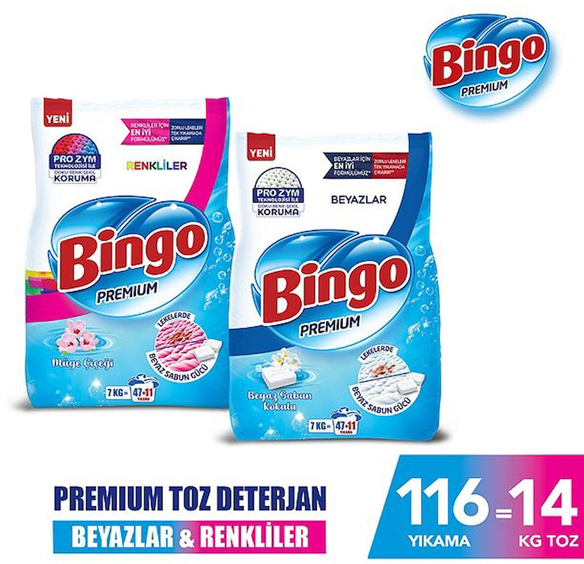 Bingo Premium Toz Çamaşır Deterjanı Renkli 7 kg+ Premium Beyaz 7 kg
